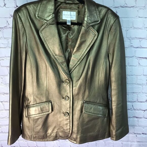 Vintage Worthington Metallic Gold Genuine Lambskin Blazer Minimalist Size Large - Picture 1 of 14